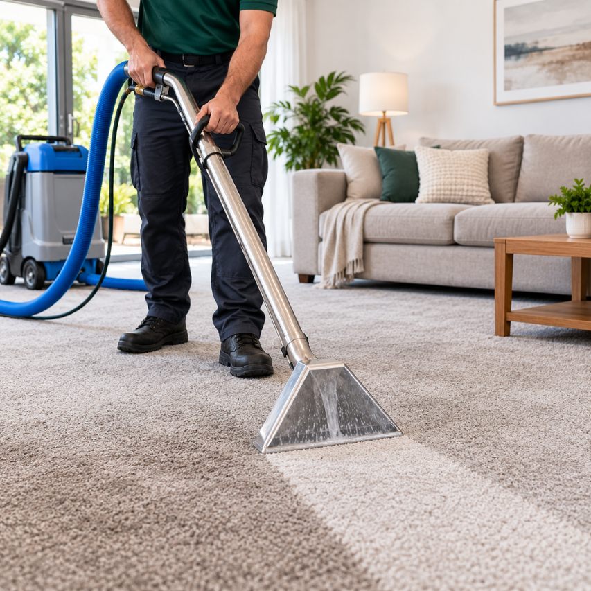 Carpet cleaning underway in a Melbourne living room